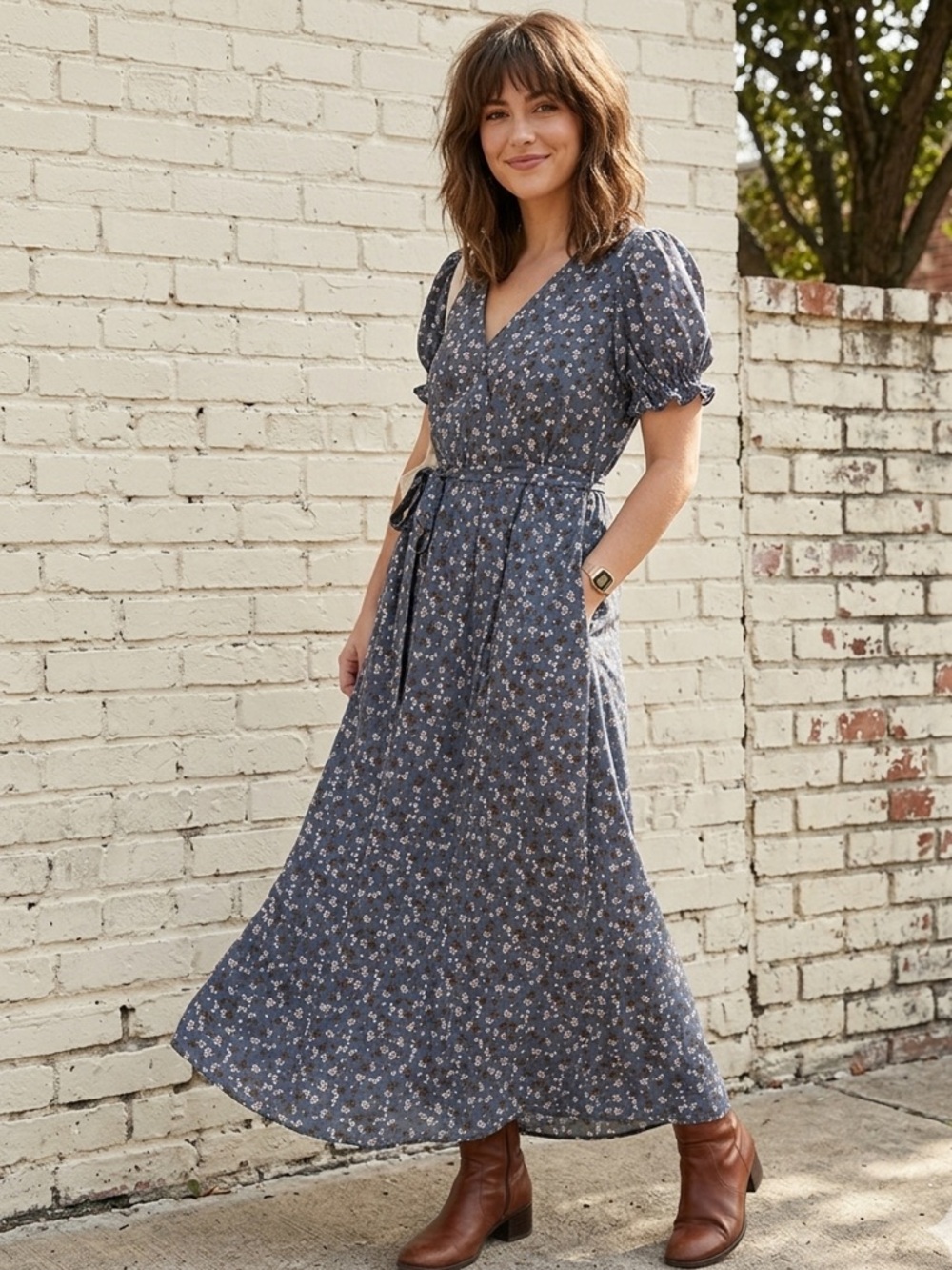 NWT Bluivy Ditsy Floral Blue Maxi Dress Vintage Inspired Puff Sleeves Tie Waist
